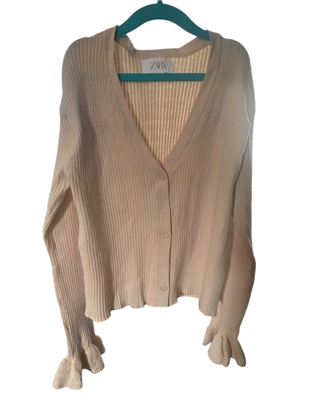Zara Girls Cream Ribbed V-Neck Ruffle Cuff Cardigan Size 13–14 NWOT